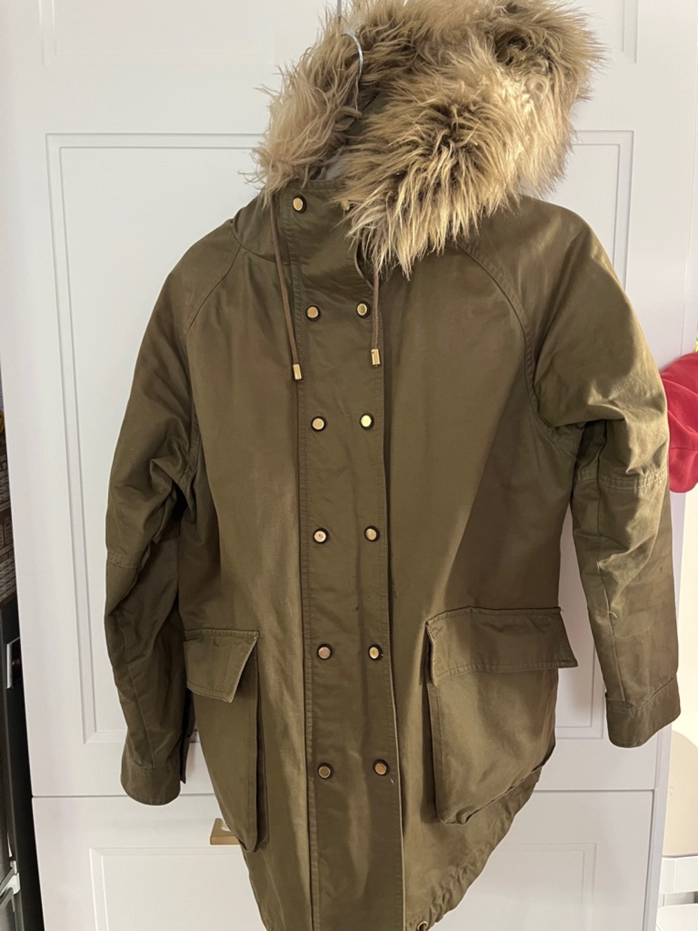 Zara Olive Hooded Parka Coat with Faux Fur Trim